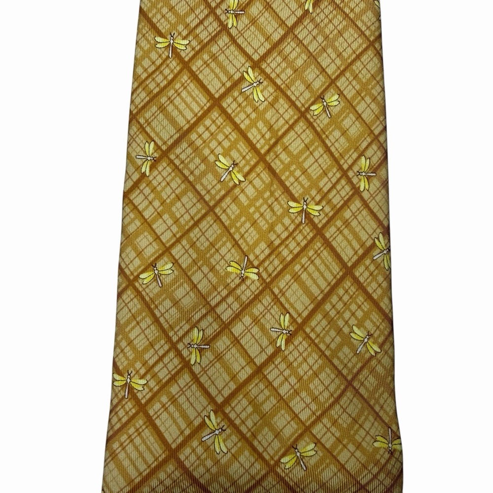 Salvatore Ferragamo Men's Tie Dragonflies Gold Silk 3 5/8" (W) x 59.25" (L) guc - Picture 4 of 5